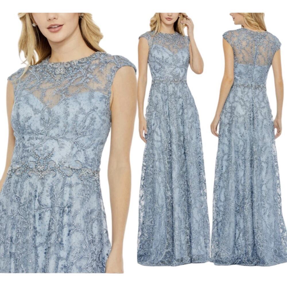 MAC DUGGAL 79430 NWT Slate Blue Lace Embellished Cap Sleeve‎ A-Line Size 14 $798